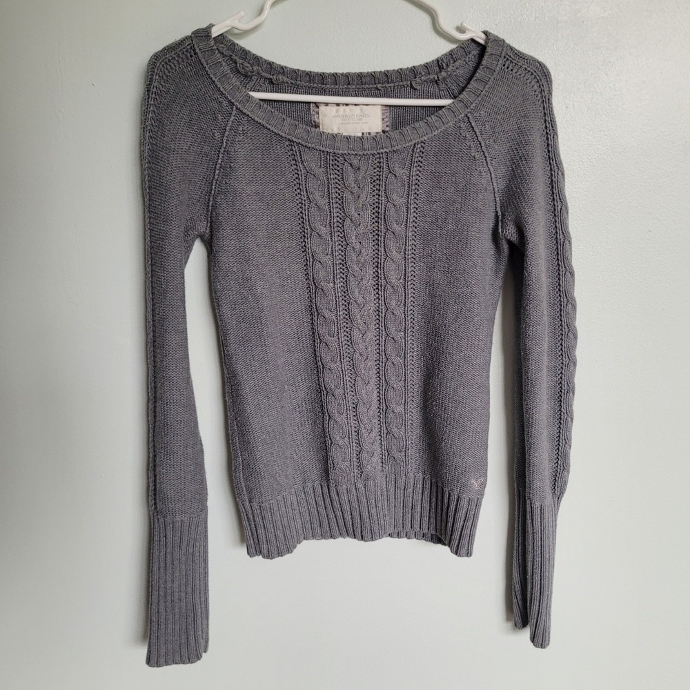 Vintage 90s American Eagle Gray Cable Knit Sweater Crew Neck Women's Medium Y2K